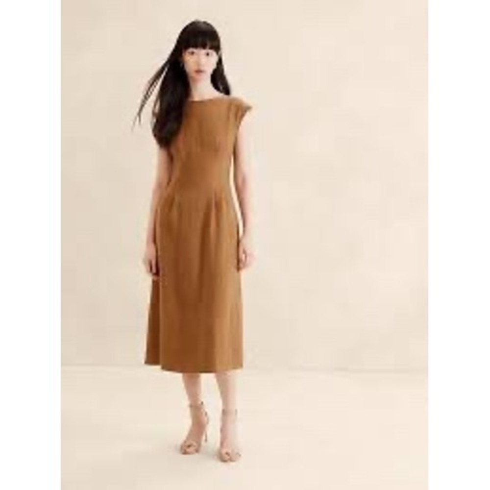 Rare Banana Republic Lina Dress 100% Linen Brown Midi Sleeveless Womens S?